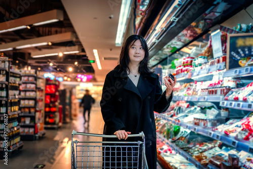 A young Asian woman is pushing a shopping cart in the food section of a supermarket, reading the nutritional labels of fresh food