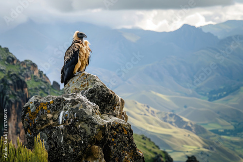 A Bearded Vulture perching on a rocky outcrop