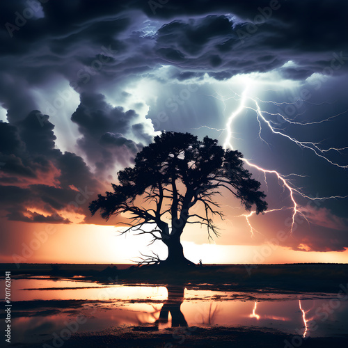 Silhouette of tree on stormy weather. Lightning bolt cutting through the midnight sky, ominous clouds rolling in the background, storm chaser's dream scene, high contrast, long exposure capture