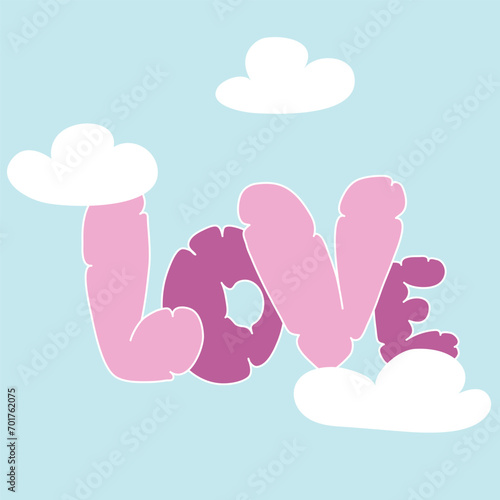 The inscription I love in the sky among the clouds. Greeting card with text, confession of love. Happy Valentine's Day. Pink letters
