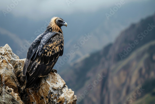 A Bearded Vulture perching on a rocky outcrop