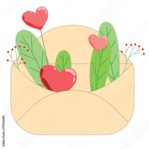 Envelope with natural elements and flowers in the form of hearts. Design elements for Valentine's Day, confession of your feelings, card with hearts