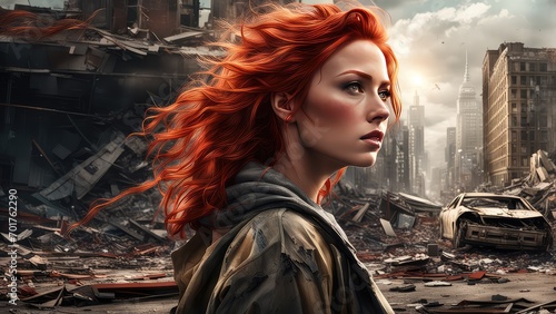 a girl with red hair who survived a natural disaster. Portrait of a young woman at the site of a natural disaster. Hurricane. Tornado. Tsunami. Earthquake.