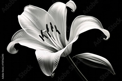 A stark, black-and-white rendering of a lily, emphasizing its dramatic curves.