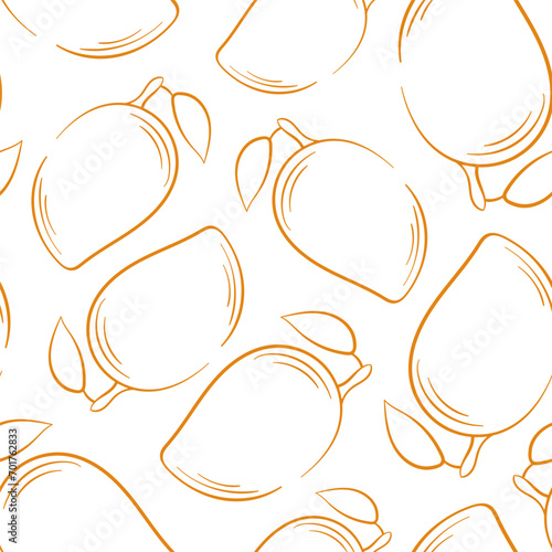 Mango seamless pattern in line art style. Hand drawn mango background. Vector illustration on a white background.