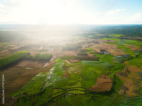 Terraced rice field and farmland In countryside, drone view.