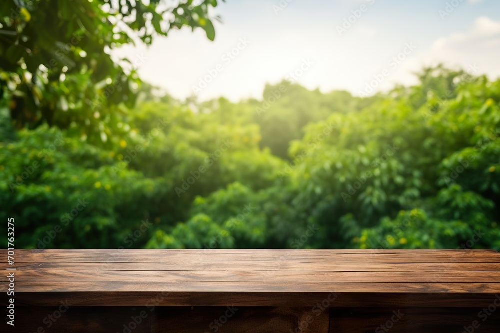 an empty wooden table against a backdrop of lush green nature an empty wooden table against a backdrop of lush green nature