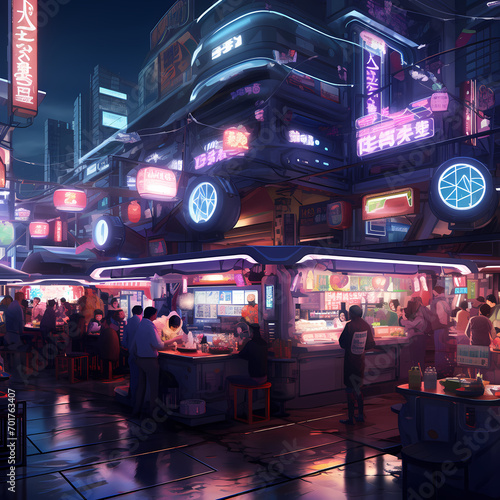 Neon-lit marketplace with futuristic street food vendors.