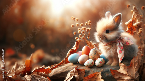 A rabbit stands on a rock among Easter eggs, easter day