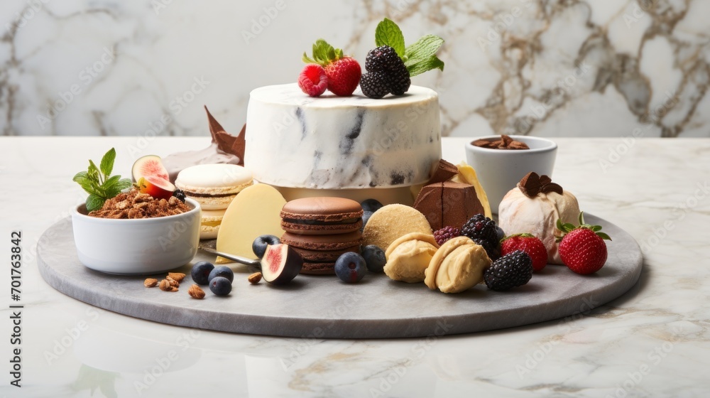 a cake sitting on top of a table next to a bowl of fruit and a plate of cheese and crackers. a cake sitting on top of a table next to a bowl of fruit and a plate of cheese and crackers.