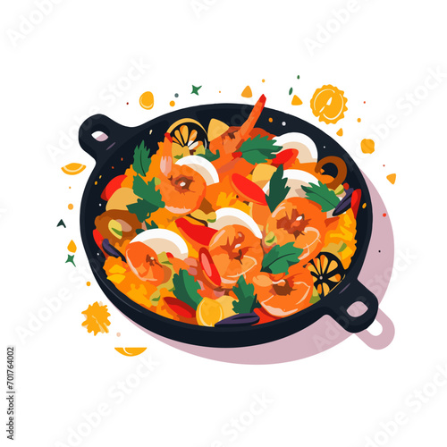 Gourmet seafood paella with fresh prawns hand drawn vector