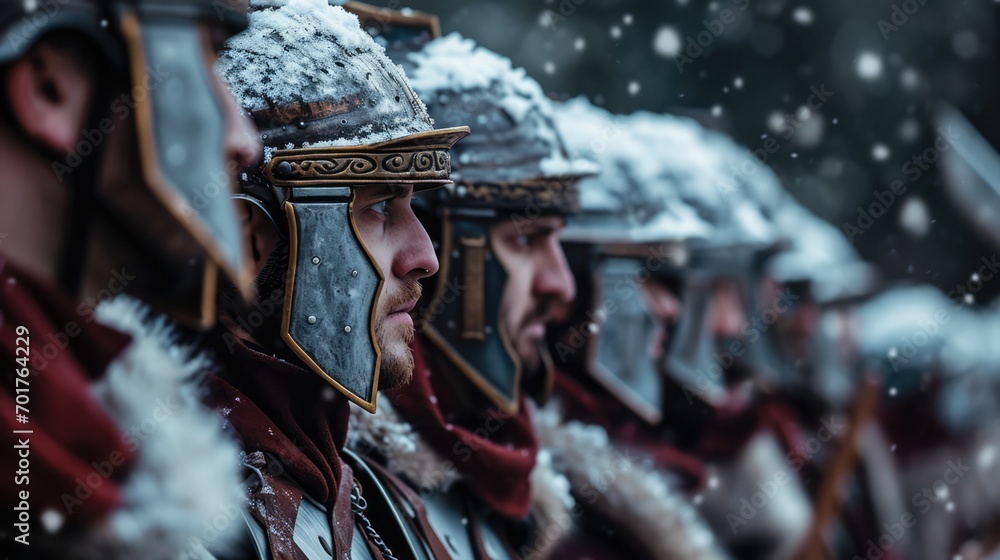 Photorealistic portrait of roman soldiers in armor under the snow. Biblical character. Historical character.