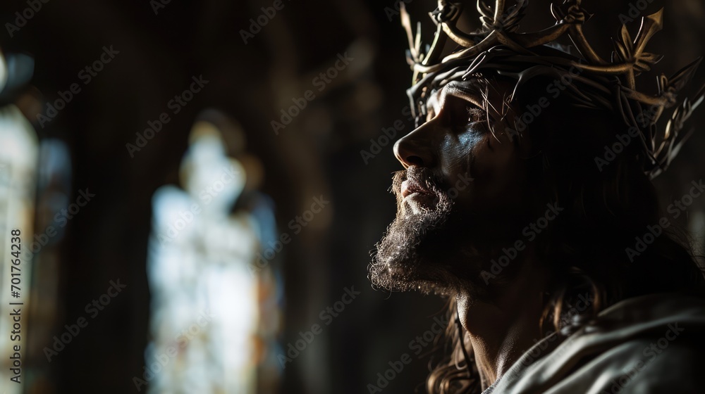 Fototapeta premium Jesus Christ with crown of thorns on his head in the cathedral. Photorealistic portrait. Close-up.