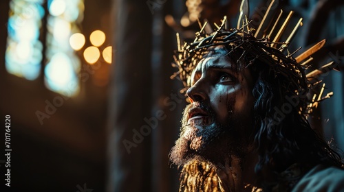 Jesus Christ with crown of thorns on his head. Photorealistic portrait. Close-up.