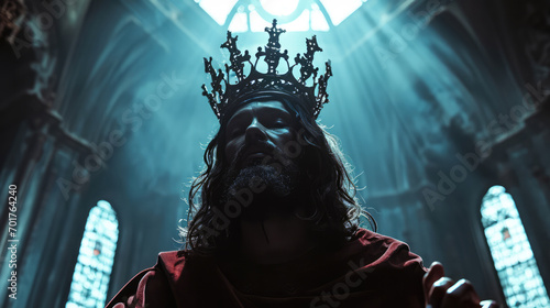 Close-up portrait of man in a crown on a dark background. Biblical king.
