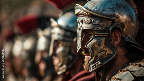Photorealistic portrait of roman soldiers in armor. Biblical character. Historical character.