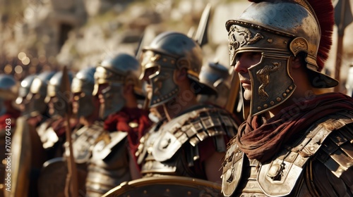 Photorealistic portrait of roman soldiers in armor. Biblical character. Historical character. photo