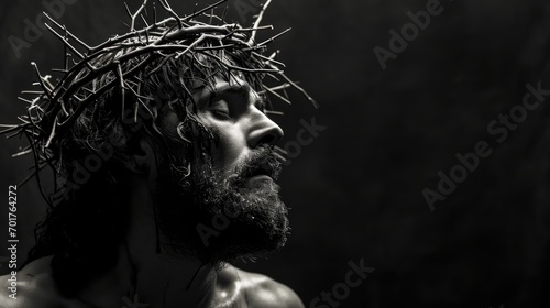 Jesus Christ with crown of thorns on his head. Black and white. Photorealistic portrait. Close-up.