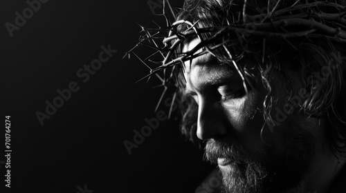 Jesus Christ with crown of thorns on his head. Black and white.  Photorealistic portrait. Close-up. photo