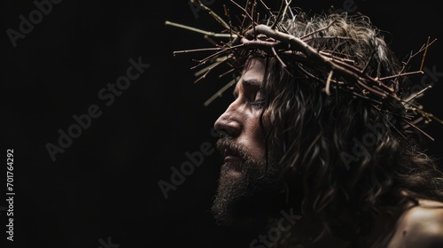 Jesus Christ with crown of thorns on his head, black background. Photorealistic portrait. Close-up.