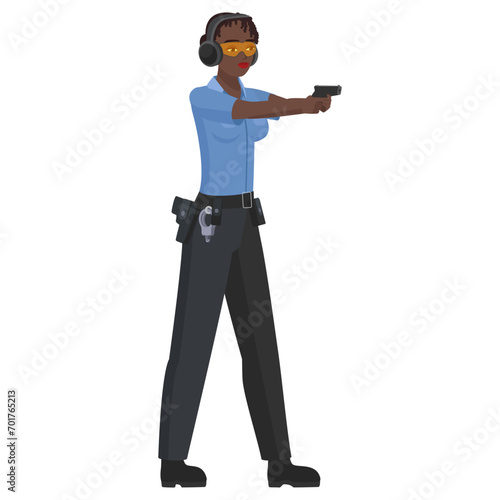 Black police woman target practice. African police officer gun training cartoon vector illustration