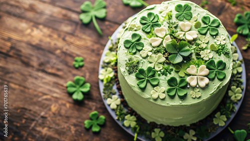 St. Patrick's Day cake with clover icing poster with copy space. photo
