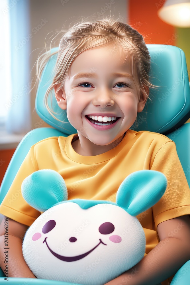 A six-year-old girl smiles in the dentist's office A six-year-old girl smiles in the dentist's office