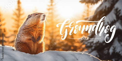 Groundhog day with a groundhog and lettering text poster. photo