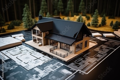 A detailed model of a house with miniature trees in the background projected onto a construction blueprint from an architectural office
