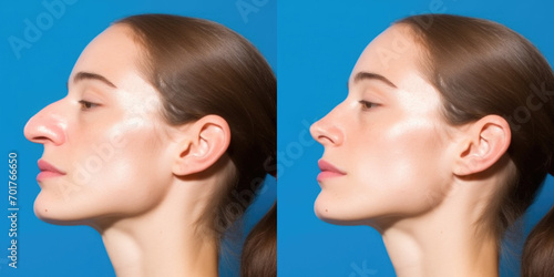 Before and after results of woman after rhinoplasty for plastic surgery promo. photo