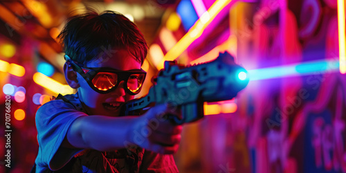 A child playing laser tag poster with copy space. photo