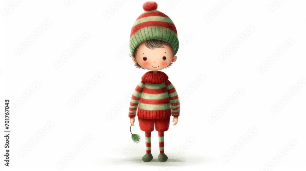 Cute character boy watercolor illustration in Christmas style. Red and green colors. Cute character boy watercolor illustration in Christmas style. Red and green colors.