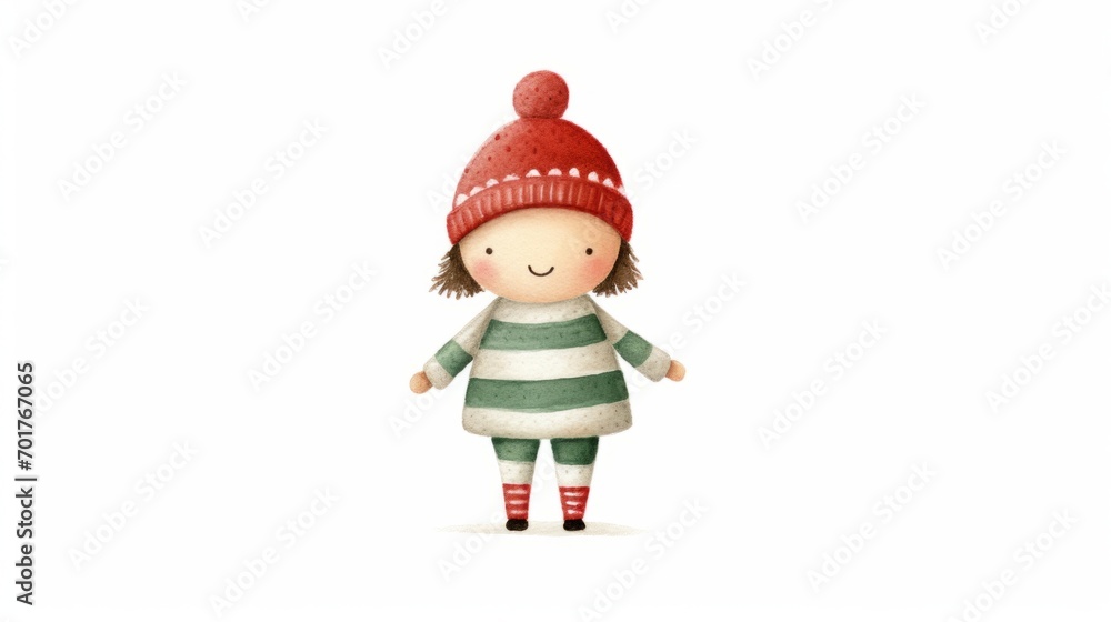 Cute character girl watercolor illustration in Christmas style. Red and green colors.