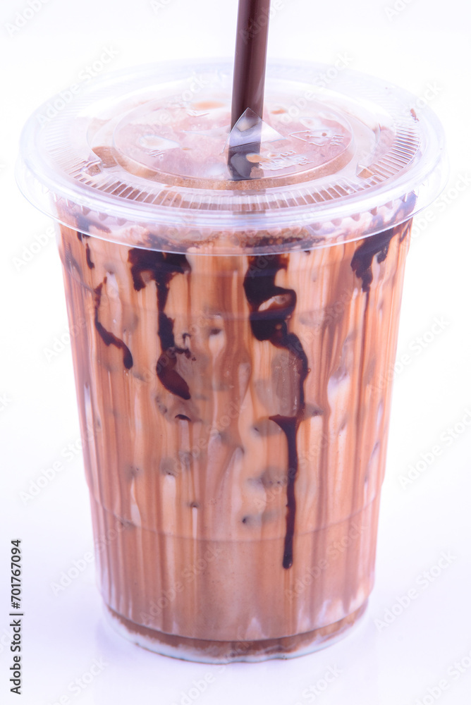 Mocha latte. Beverage for summer with brick wall background. Mocha latte. Beverage for summer with brick wall background.