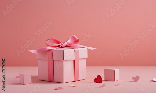 Pink gift box with a pink bow and hearts around it