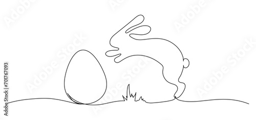 Easter bunny rabbit with egg one continuous line vector illustration isolated on transparent background. Funny spring holiday symbol, Easter egg hunt concept
