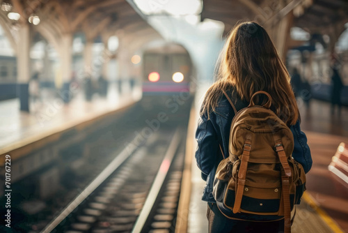 Rear view of a young woman with backpack standing on a train station platform on a coming train. Travel concept of vacation and holiday. photo