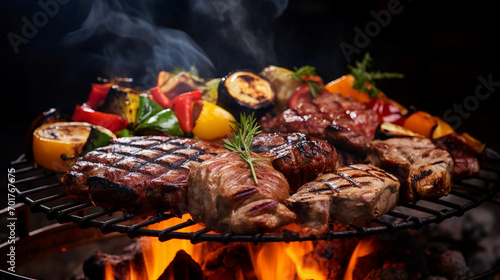 Savor the Culinary Delight: Assorted Delicious Grilled Meat and Vegetables Cooking Outdoors at a Summer Picnic