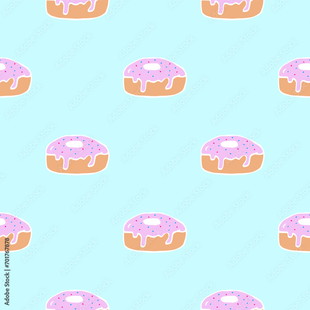 Seamless pattern of mouth-watering pink donuts on a blue background Seamless pattern of mouth-watering pink donuts on a blue background