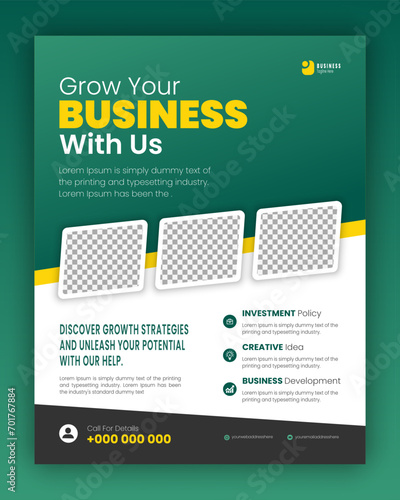 Modern corporate business flyer, digital marketing agency poster design template, A4 seminar flyer layout, proposal, annual report in green and yellow colors on white background