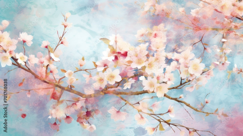 a painting of a tree branch with white and pink flowers on a blue and pink background with a sky background. a painting of a tree branch with white and pink flowers on a blue and pink background with a sky background.