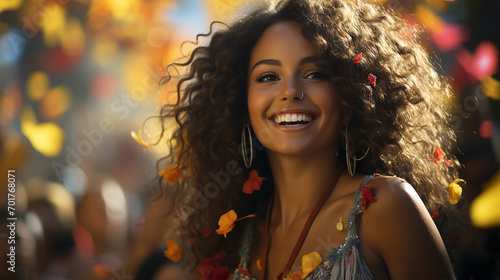 Porträt einer glücklichen afroamerikanischen Frau, die auf einem Musikfestival tanzt. © NHDesign