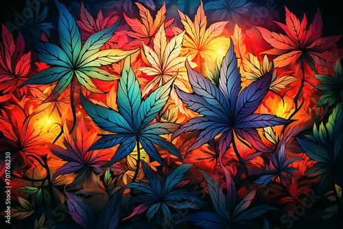 multicolored cannabis marijuana leaves on bright hallucinogenic background