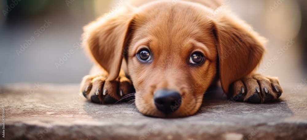 Adorable puppy with expressive eyes resting on pavement. Pet care and companionship. Banner.
