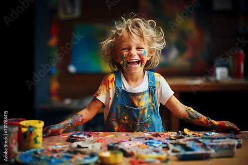 Happy boy enjoying messy colorful paint play. Concept of child creativity and fun. photo