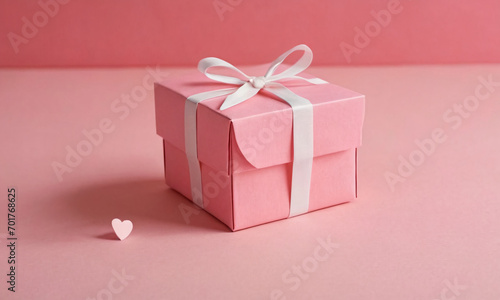Pink gift box with a white ribbon and a heart