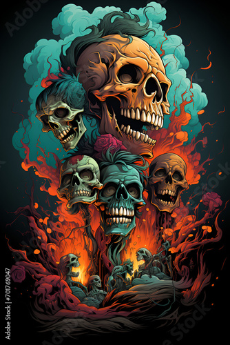 Halloween skull in the dark night cartoon zombies T-shirt design