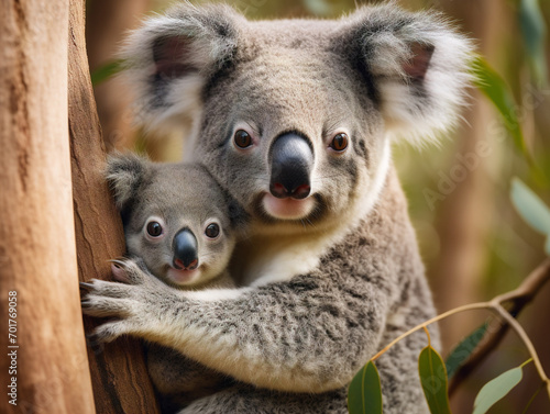 Filename   00066_03_rl ..Description   Adorable koala mother and baby sharing a loving cuddle in a eucalyptus tree. 