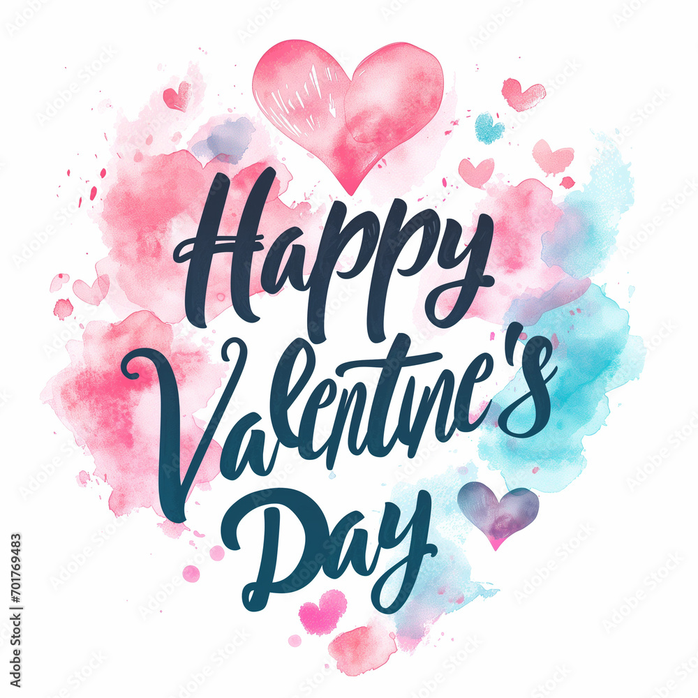 Watercolor handwritten calligraphy Happy Valentine's Day black text on white background. Lettering illustration with pink hearts and blue and red stains t-shirt design
