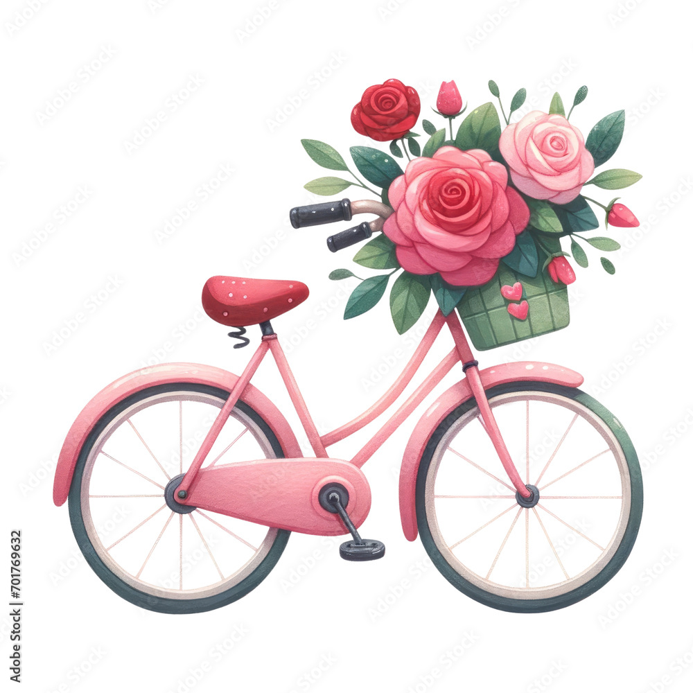 Watercolor romantic bicycle. Bicycle with roses. Valentine's Day element. Watercolor valentine's illustration.